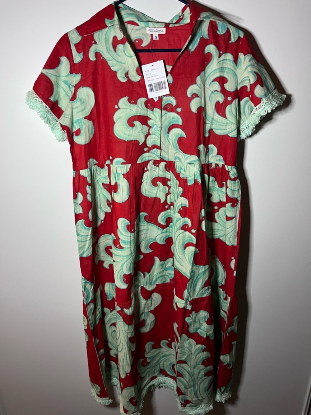 Modaposa Red & Mint Wave Print Button Front Dress -